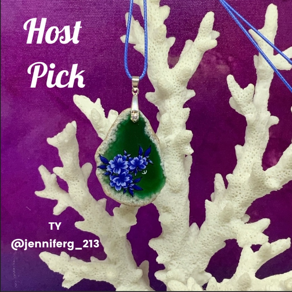 Handcrafted Agate Gemstone Necklace With Painted Flowers on Waxed Cotton Cord - Picture 2 of 7
